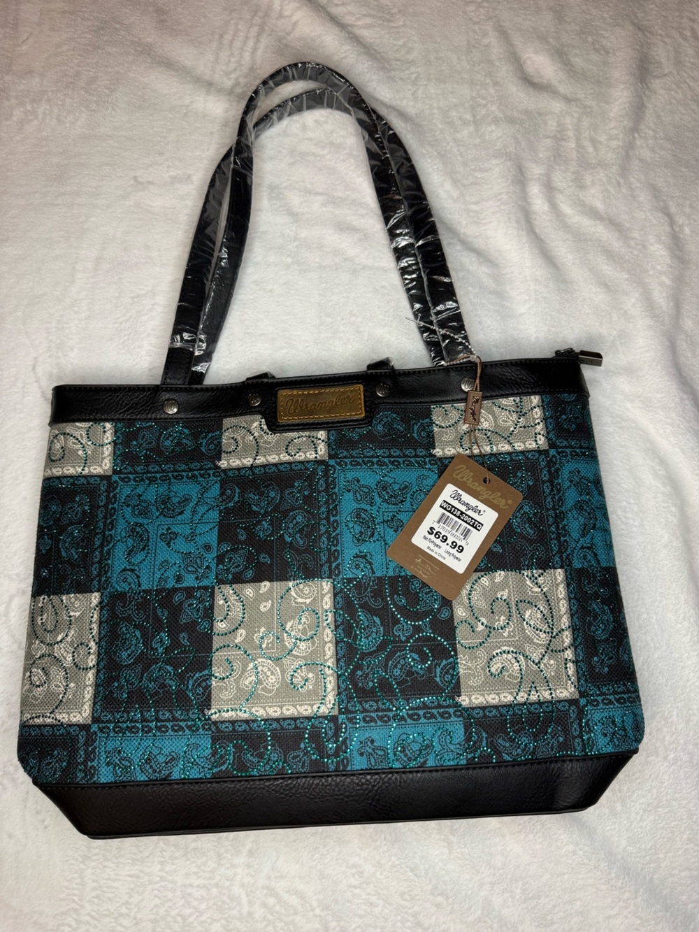 Wrangler Teal, Black & White Paisley Patchwork Tote